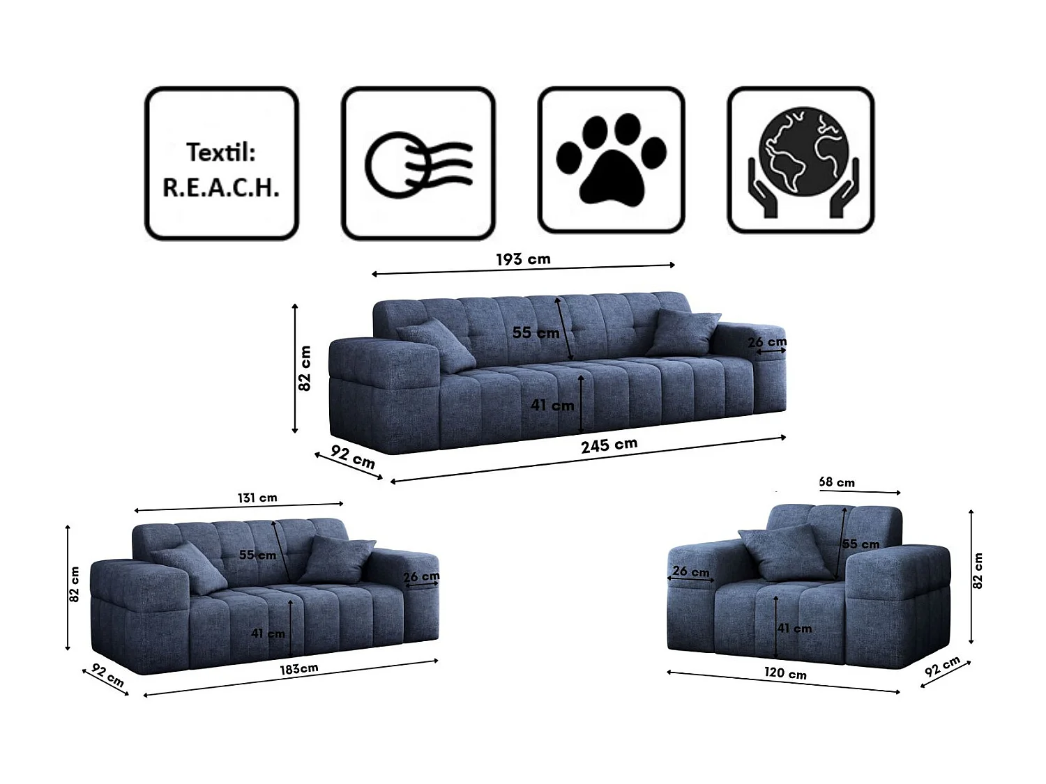 Ensemble de canapés 3+2+1 série NIMES tissu élégant Perfect Harmony Dark Blue