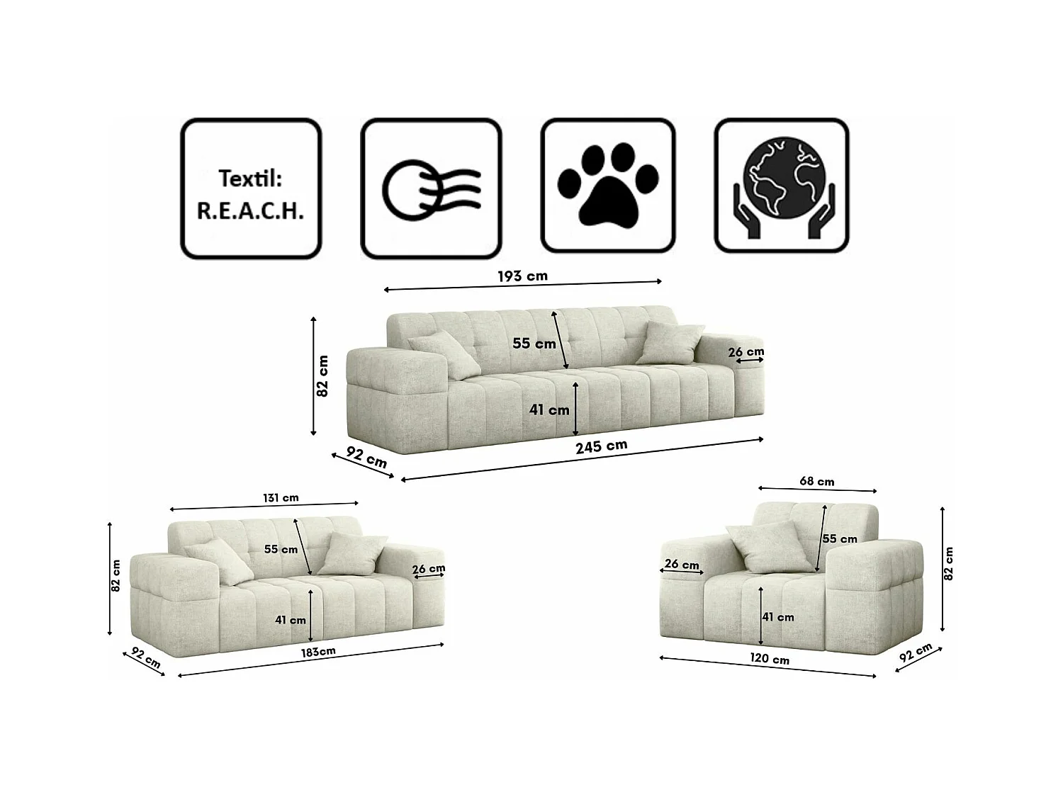 Ensemble de canapés 3+2+1 série NIMES tissu élégant Perfect Harmony crème