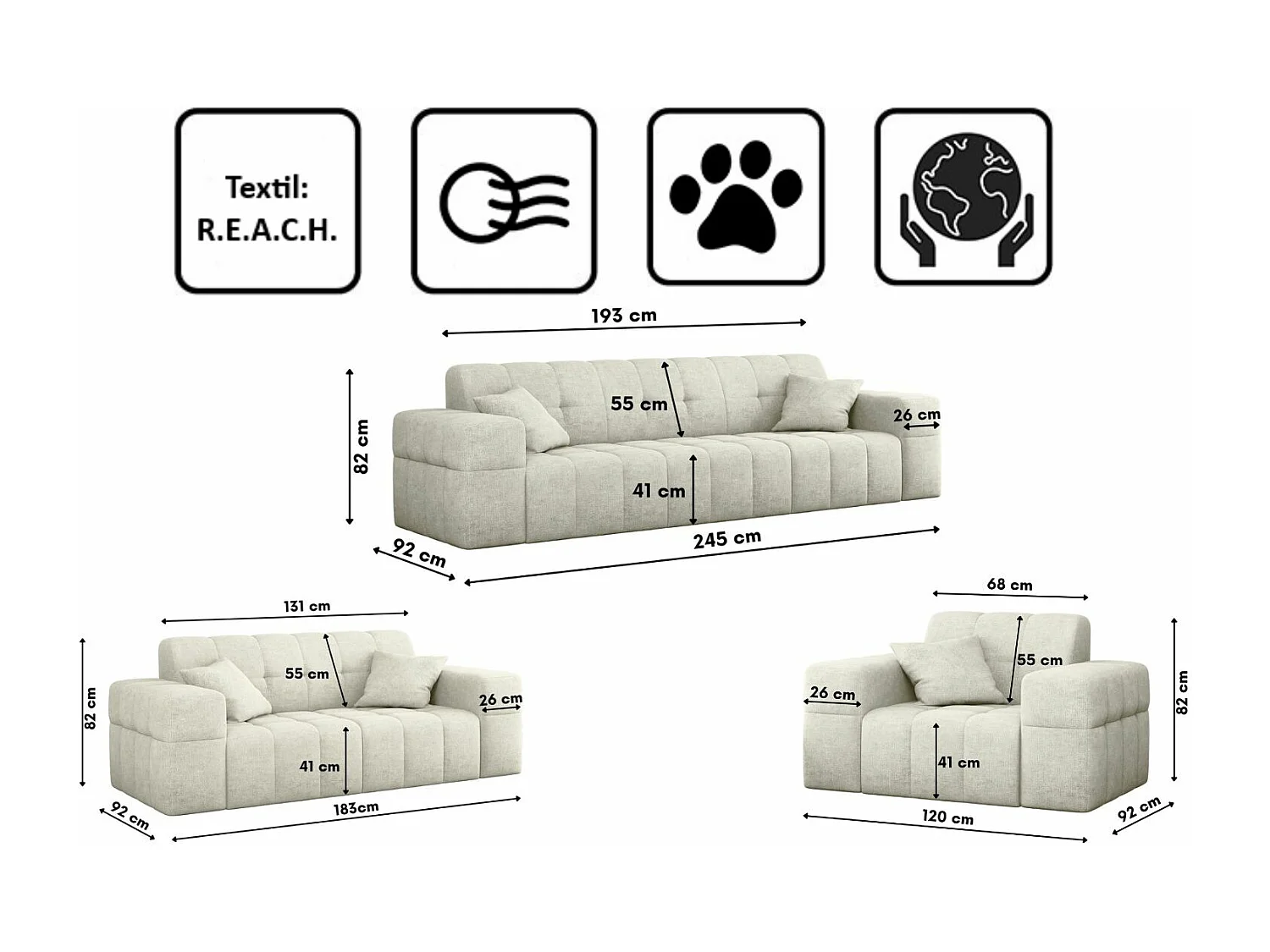 Ensemble de canapés 3+2+1 série NIMES tissu élégant Perfect Harmony crème