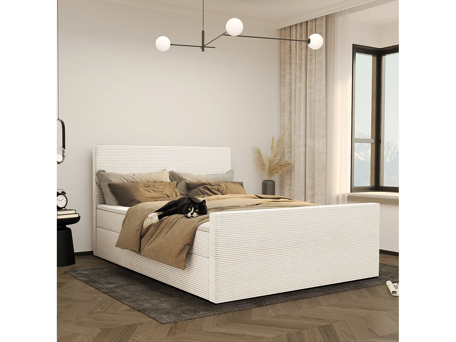 Lit boxspring avec sommier et surmatelas VIESTA tissu Poso Ecru 140x200 cm H2-Pocket