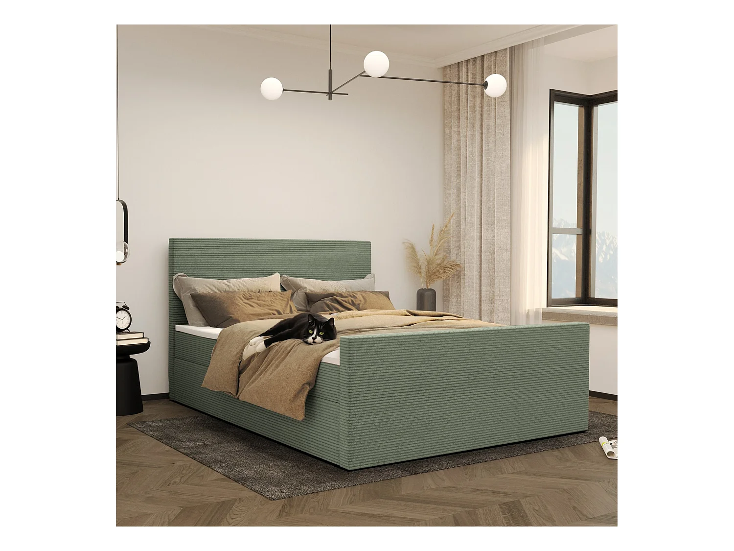 Lit boxspring avec sommier et surmatelas VIESTA tissu Poso vert clair 140x200 cm H2-Pocket