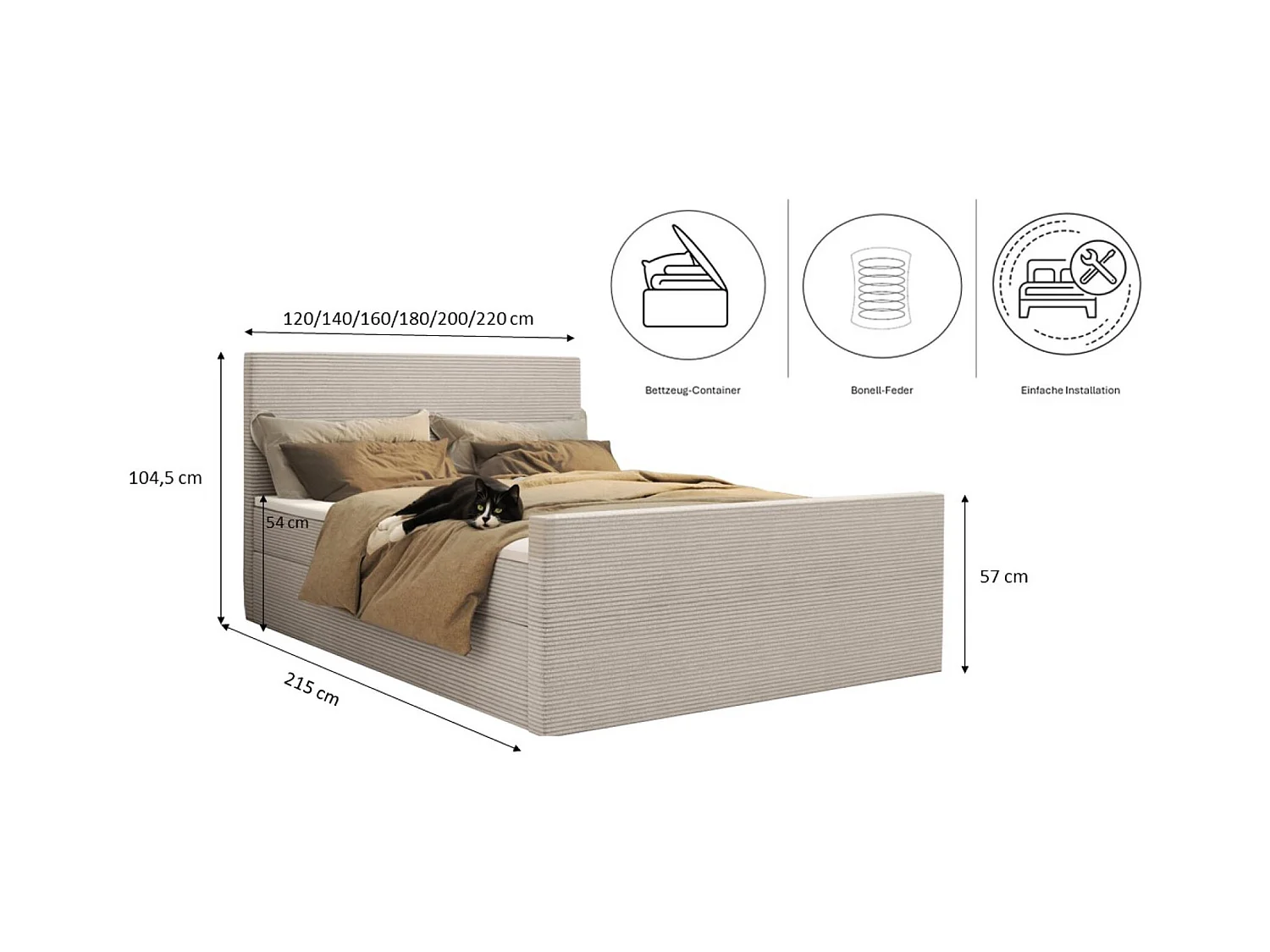 Lit boxspring avec sommier et surmatelas VIESTA tissu Poso Beige 140x200 cm H3-Bonell