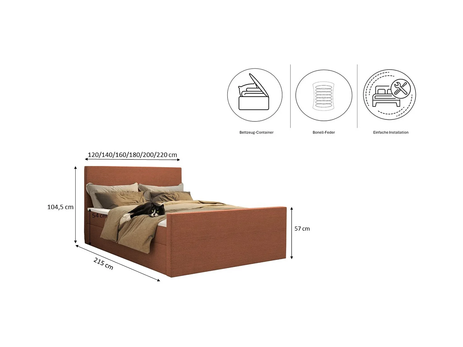 Lit boxspring avec sommier et surmatelas VIESTA tissu Poso brique 160x200 cm H3-Bonell