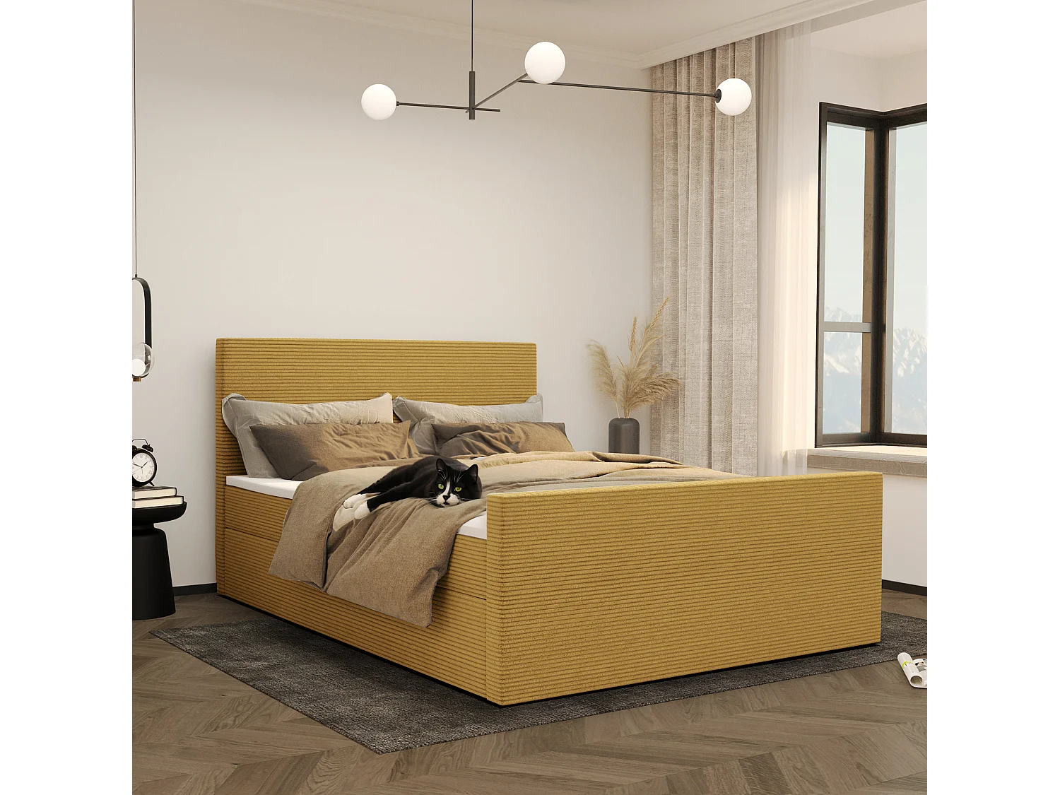 Lit boxspring avec sommier et surmatelas VIESTA tissu Poso Jaune 200x200 cm H2-Pocket