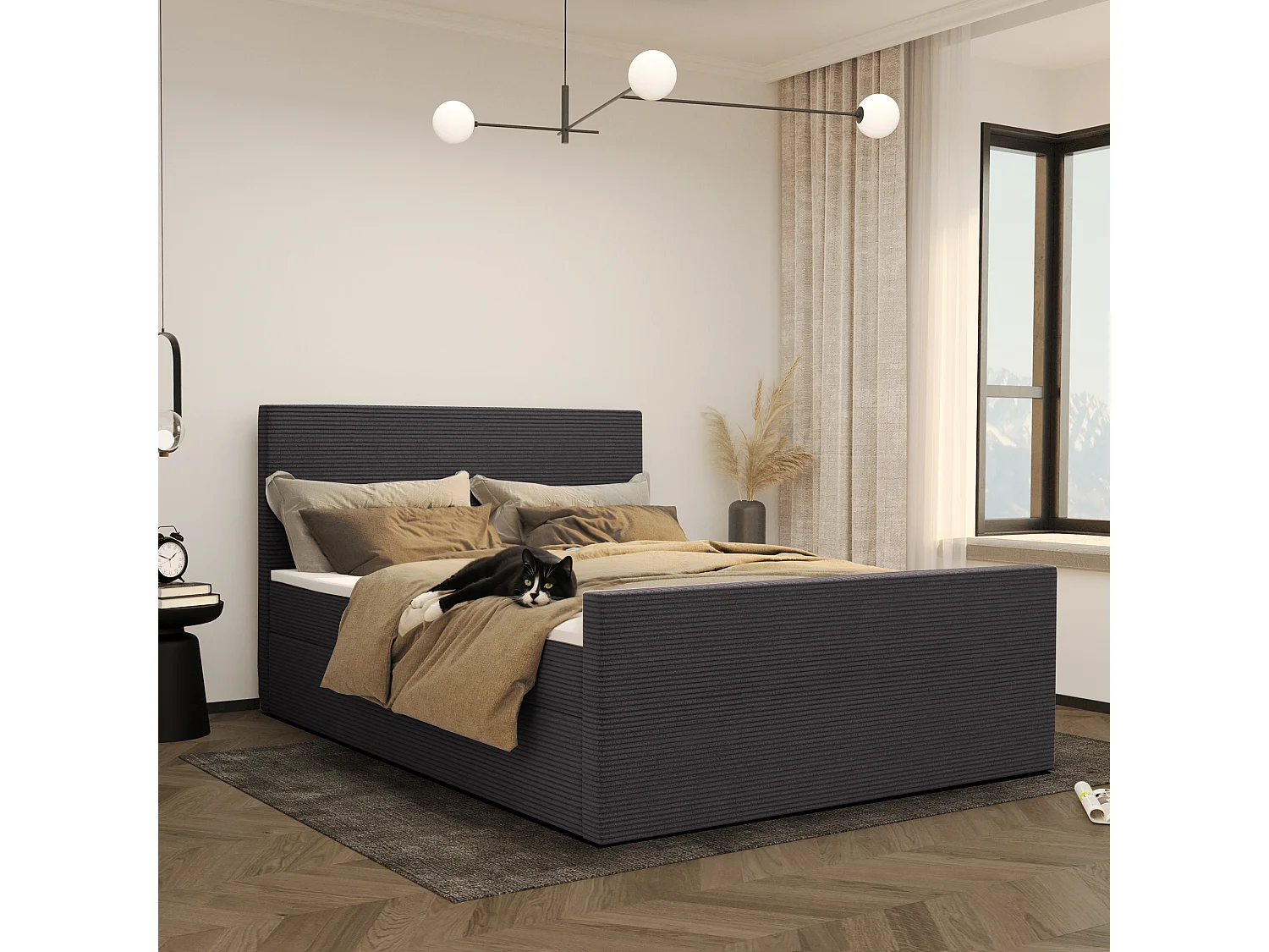 Lit boxspring avec sommier et surmatelas VIESTA tissu Poso gris foncé 120x200 cm H3-Bonell
