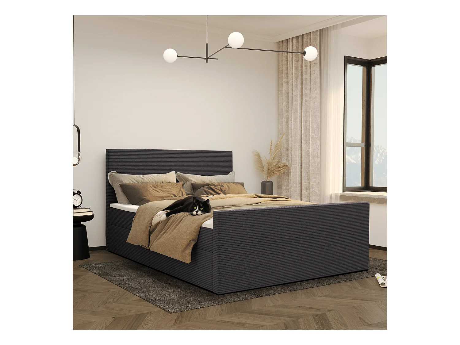 Lit boxspring avec sommier et surmatelas VIESTA tissu Poso gris foncé 160x200 cm H3-Bonell
