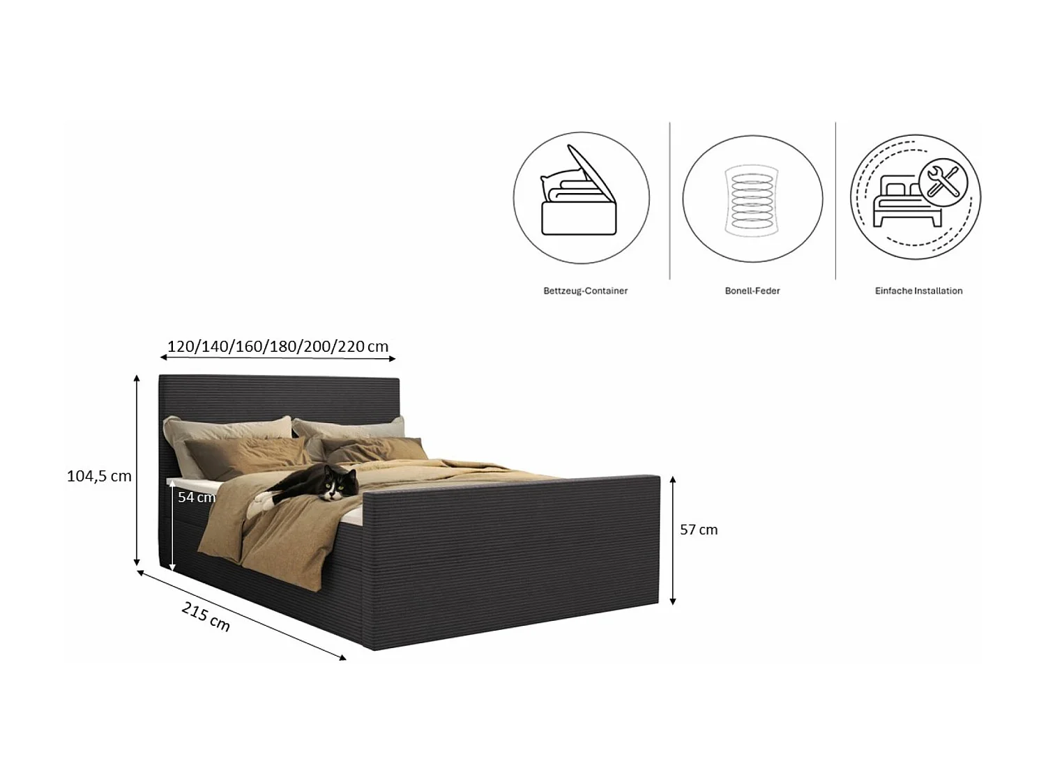 Lit boxspring avec sommier et surmatelas VIESTA tissu Poso gris foncé 200x200 cm H3-Bonell