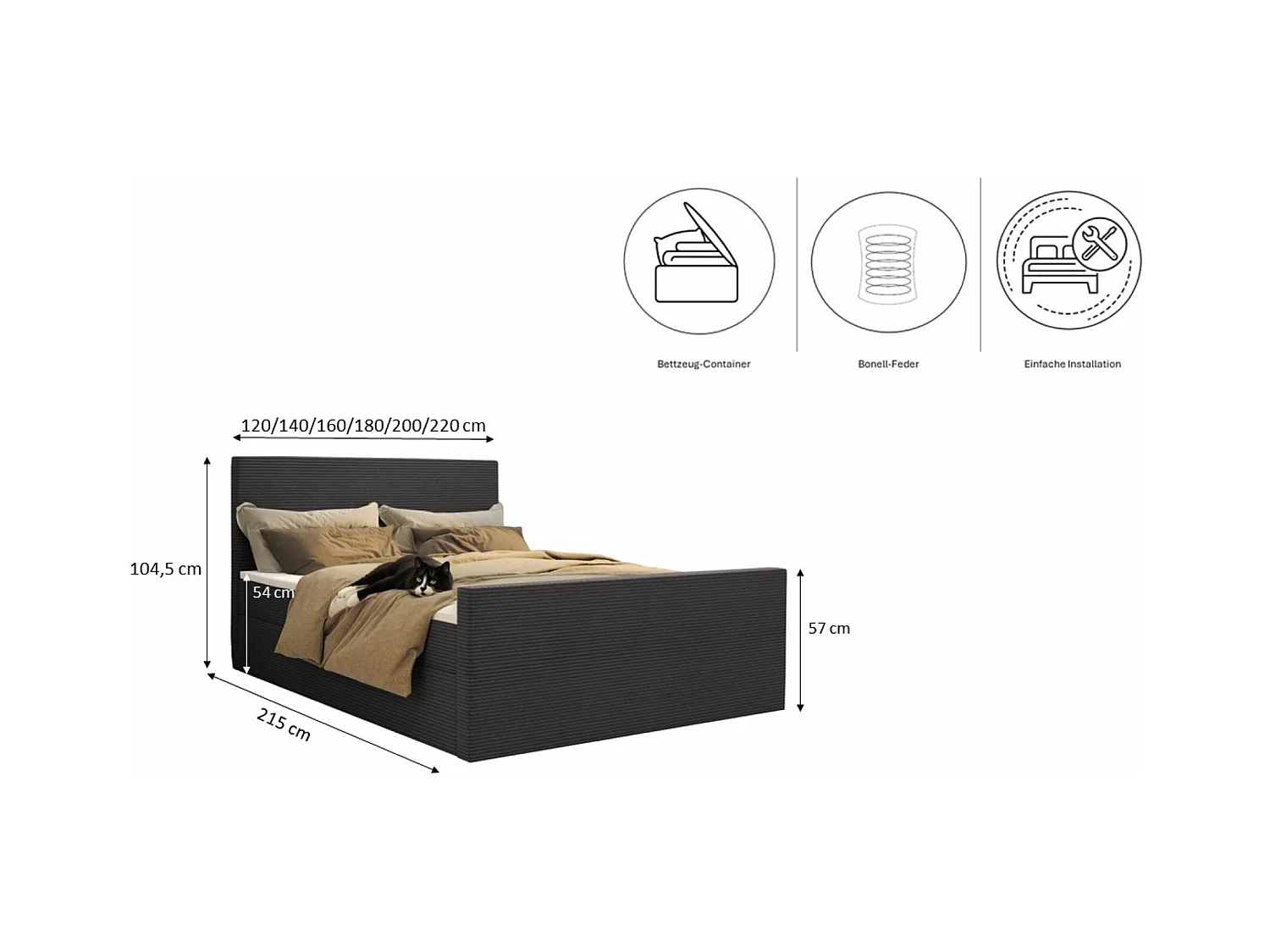 Lit boxspring avec sommier et surmatelas VIESTA tissu Poso Dark Grey 180x200 cm H2-Pocket
