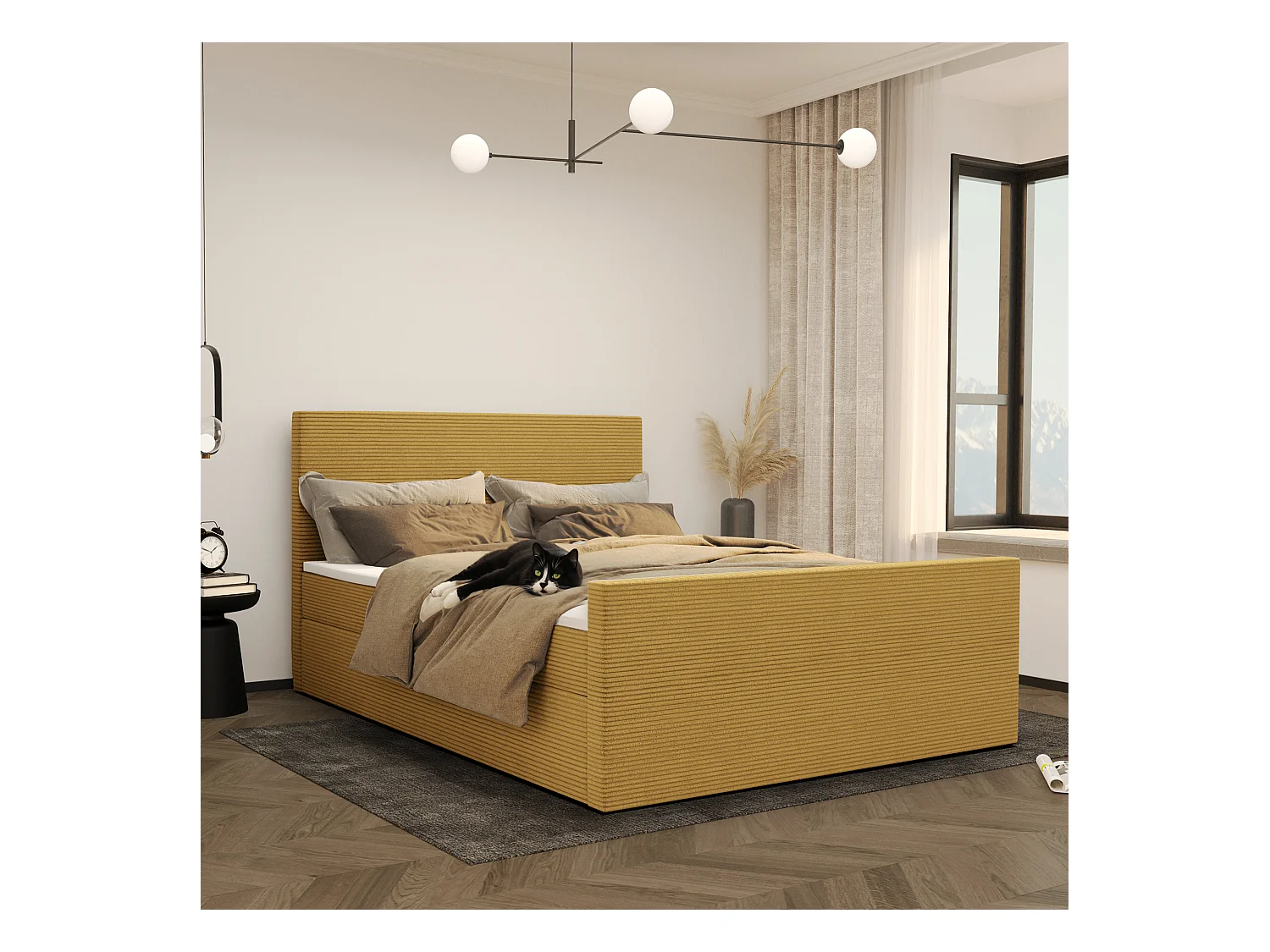 Lit boxspring avec sommier et surmatelas VIESTA tissu Poso Jaune 180x200 cm H3-Bonell
