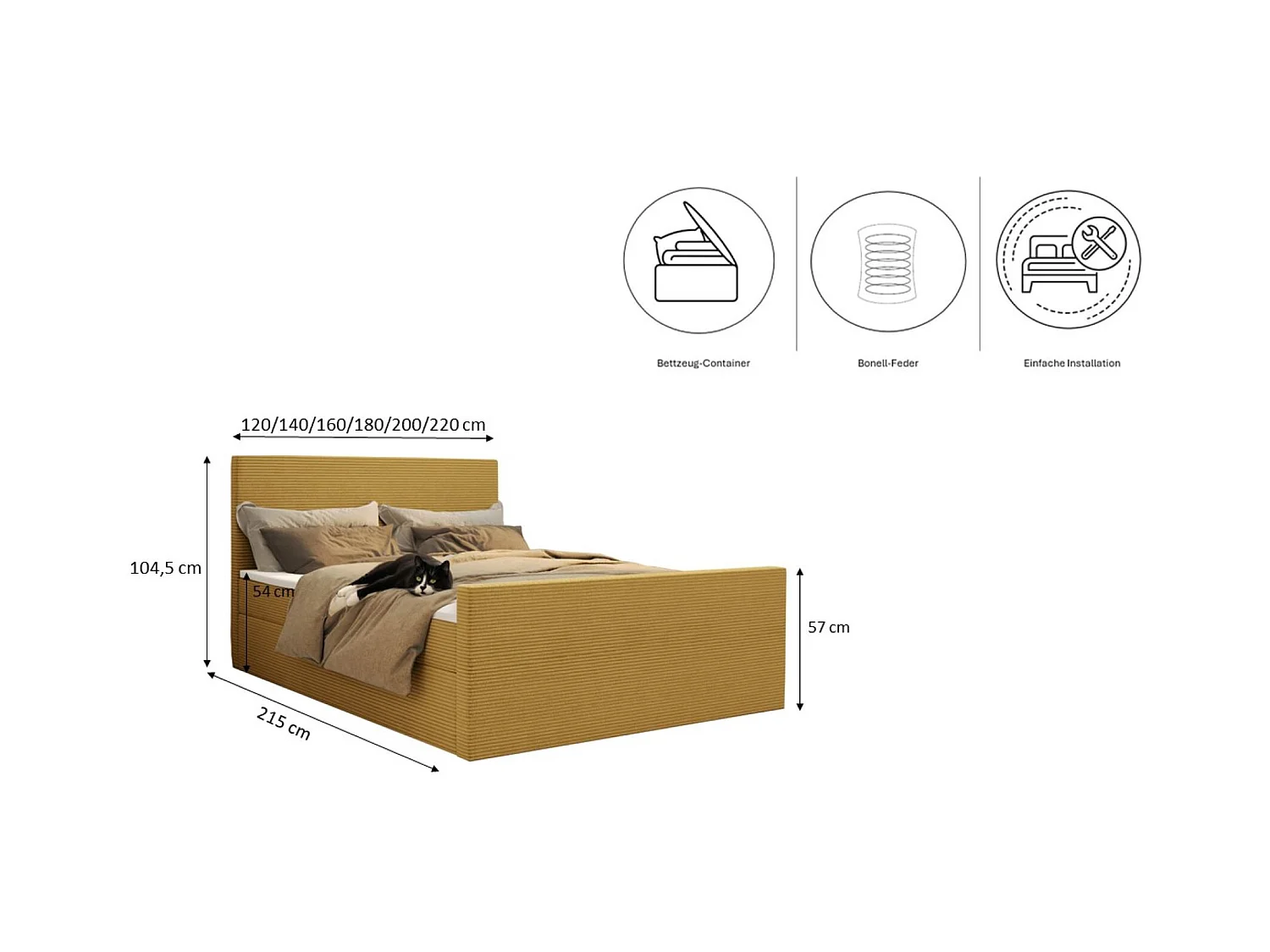 Lit boxspring avec sommier et surmatelas VIESTA tissu Poso Jaune 180x200 cm H3-Bonell