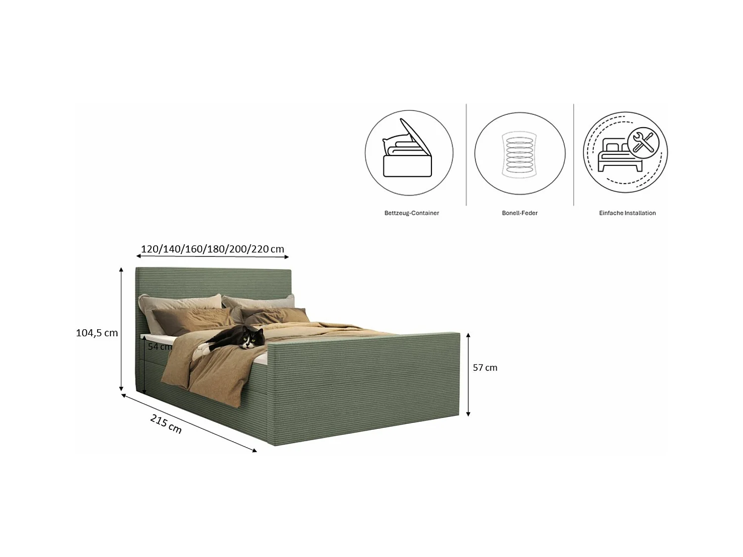 Lit boxspring avec sommier et surmatelas VIESTA tissu Poso vert clair 140x200 cm H3-Bonell