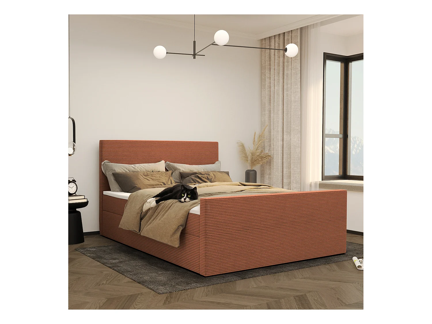 Boxspringbett mit bettkasten und topper VIESTA stoff Poso Ziegel 200x200 cm H2-Pocket