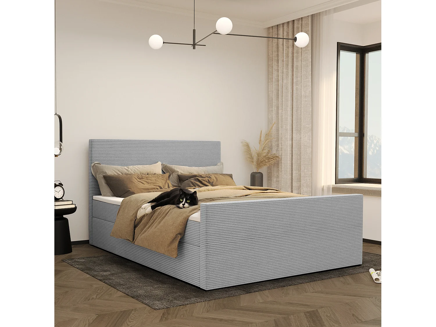 Lit boxspring avec sommier et surmatelas VIESTA tissu Poso Gris Clair 200x200 cm H2-Pocket