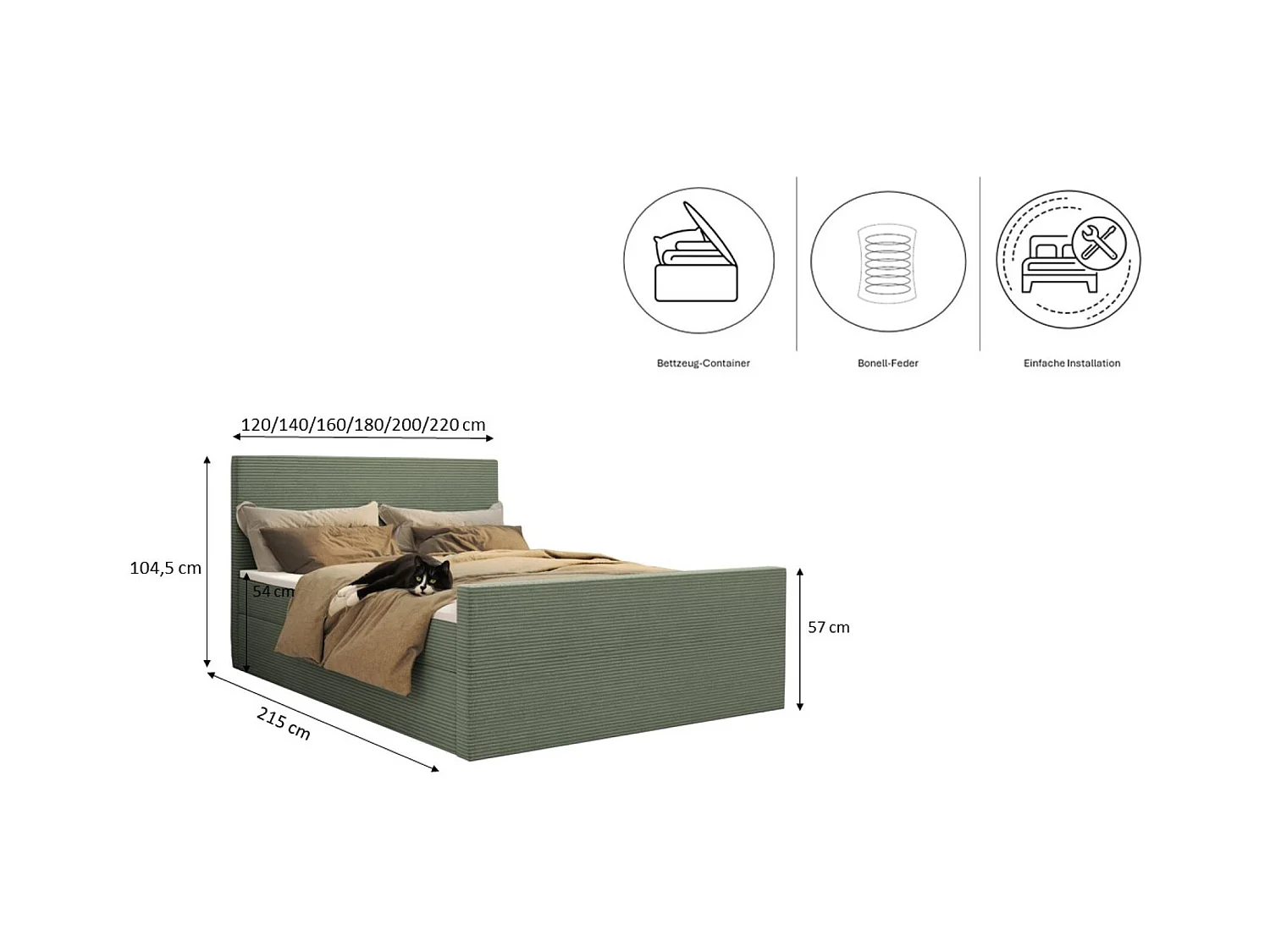 Lit boxspring avec sommier et surmatelas VIESTA tissu Poso vert clair 200x200 cm H2-Pocket