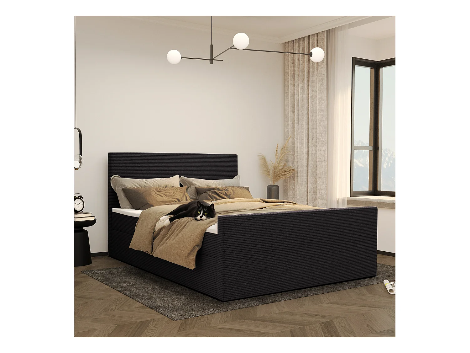 Lit boxspring avec sommier et surmatelas VIESTA tissu Poso Noir 180x200 cm H3-Bonell