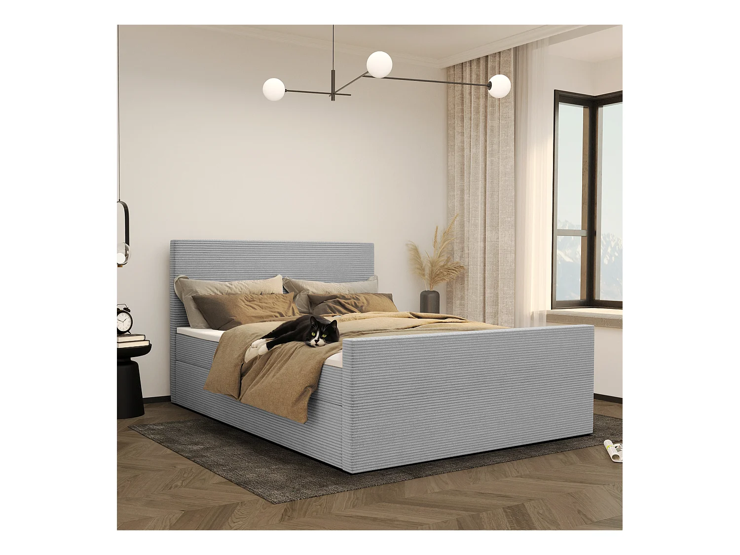 Lit boxspring avec sommier et surmatelas VIESTA tissu Poso gris clair 200x200 cm H3-Bonell