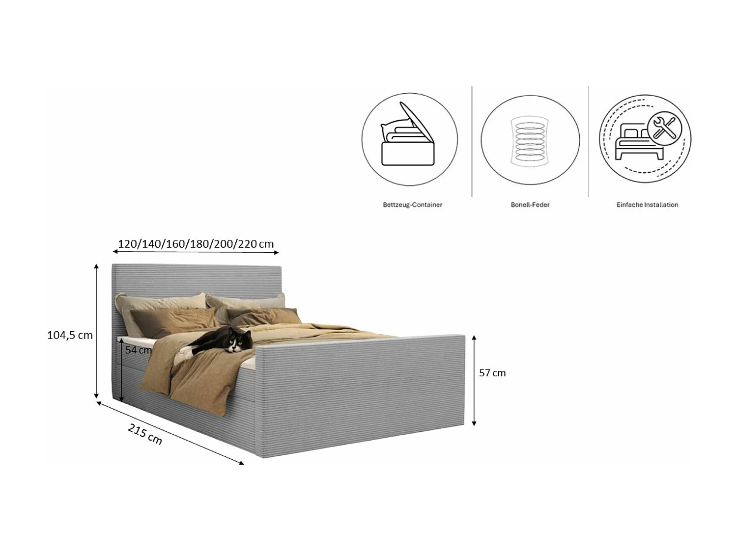 Lit boxspring avec sommier et surmatelas VIESTA tissu Poso gris clair 200x200 cm H3-Bonell