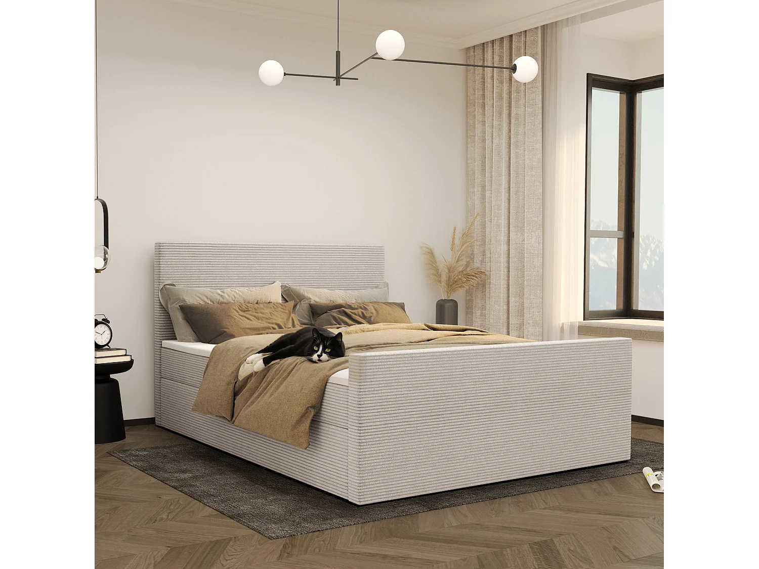 Lit boxspring avec sommier et surmatelas VIESTA tissu Poso Beige 160x200 cm H3-Bonell