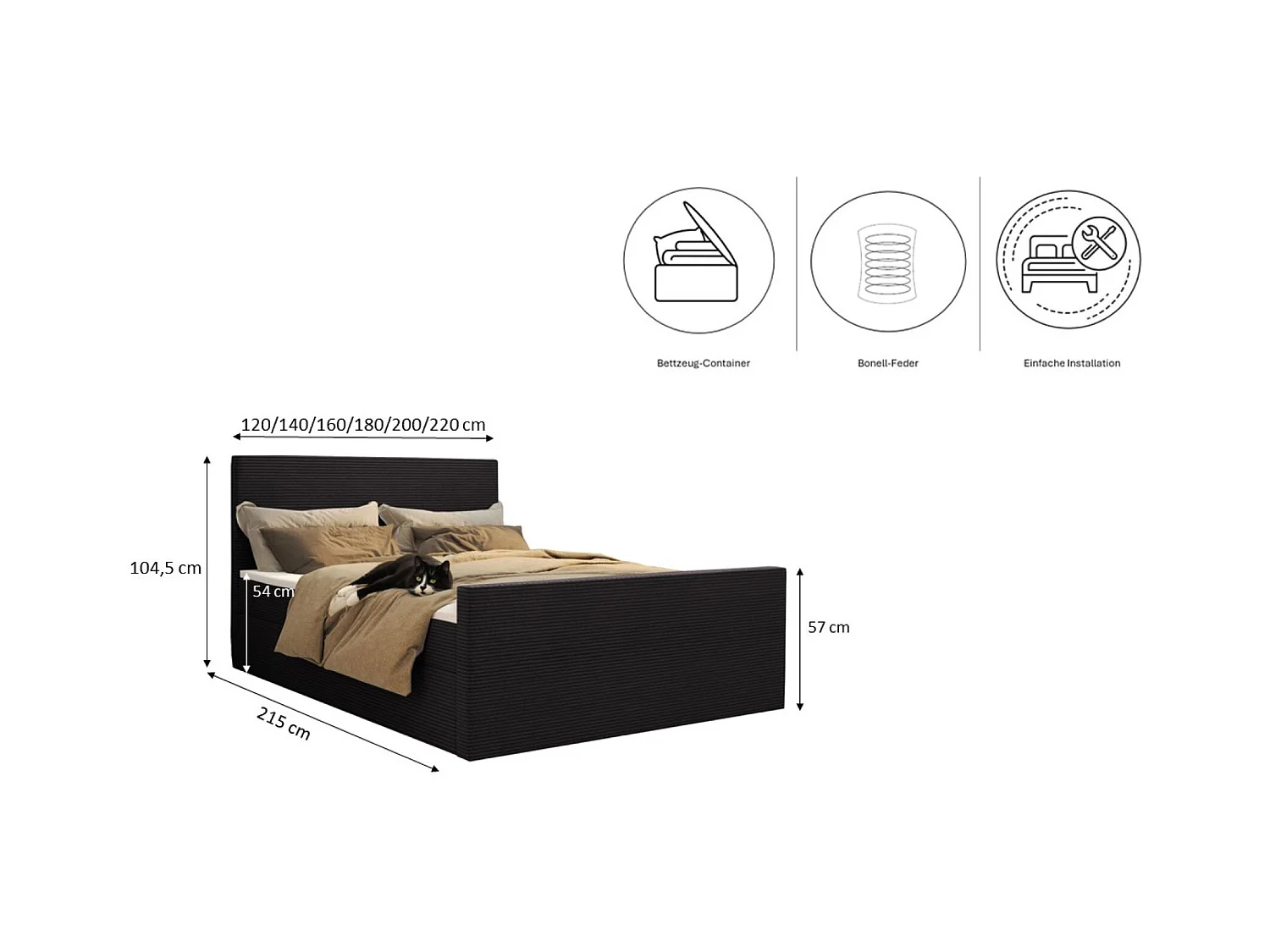 Lit boxspring avec sommier et surmatelas VIESTA tissu Poso Noir 200x200 cm H3-Bonell