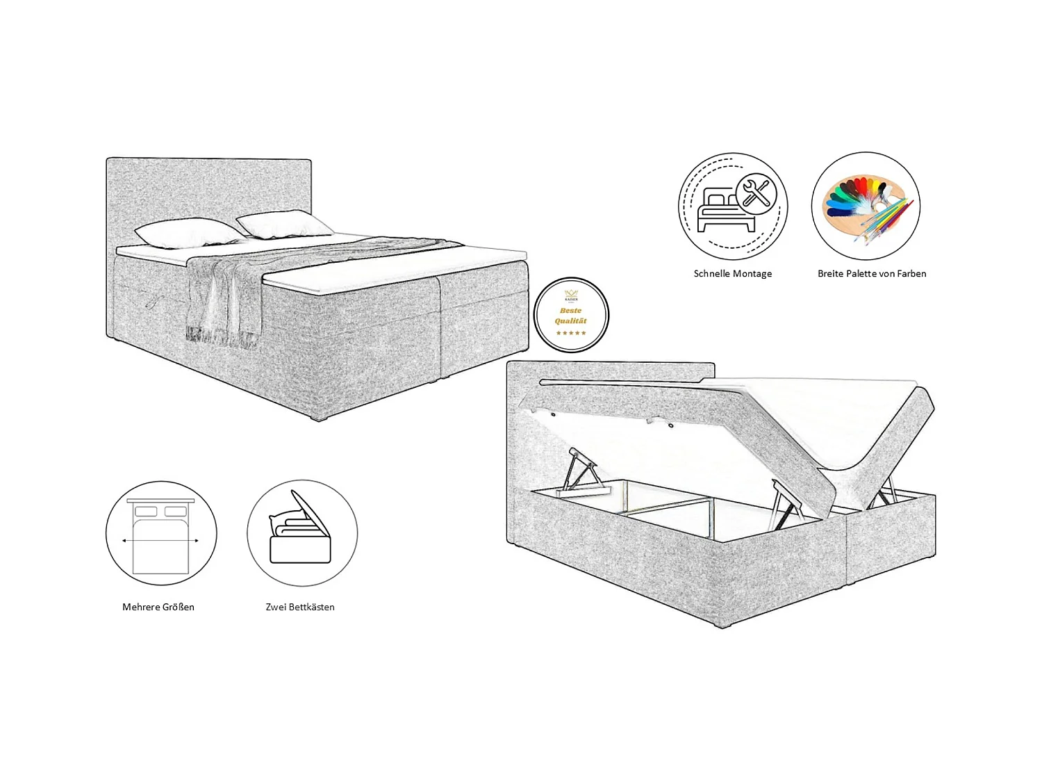 Lit boxspring avec sommier et surmatelas VIESTA tissu Poso gris foncé 180x200 cm H3-Bonell