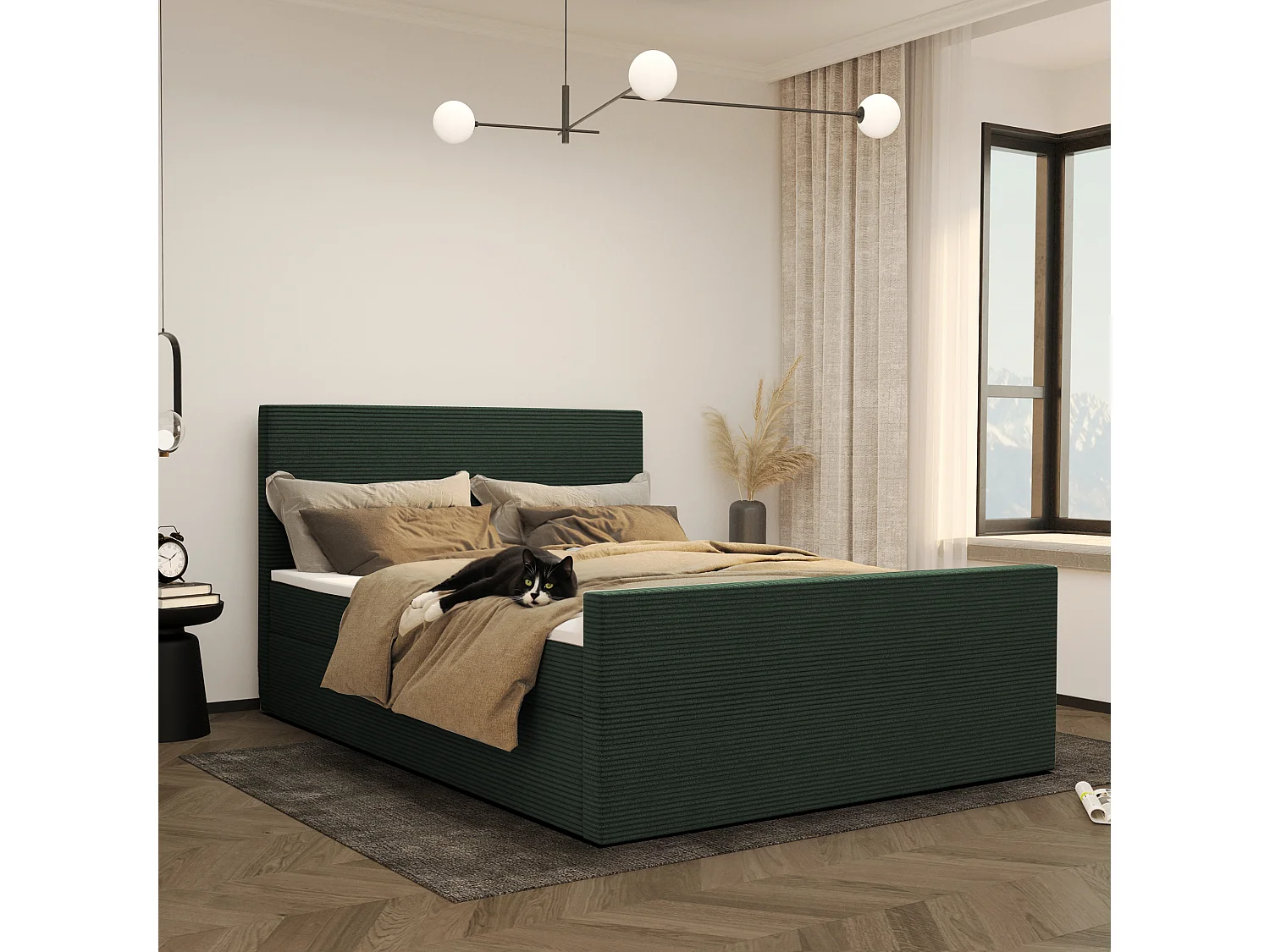 Lit boxspring avec sommier et surmatelas VIESTA tissu Poso Vert 200x200 cm H2-Pocket