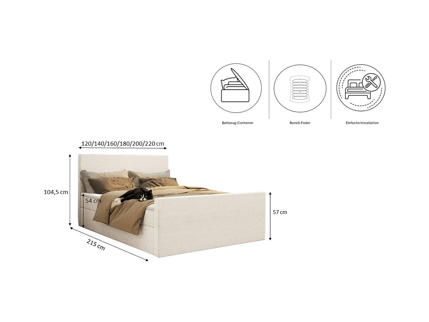 Lit boxspring avec sommier et surmatelas VIESTA tissu Poso Ecru 160x200 cm H3-Bonell