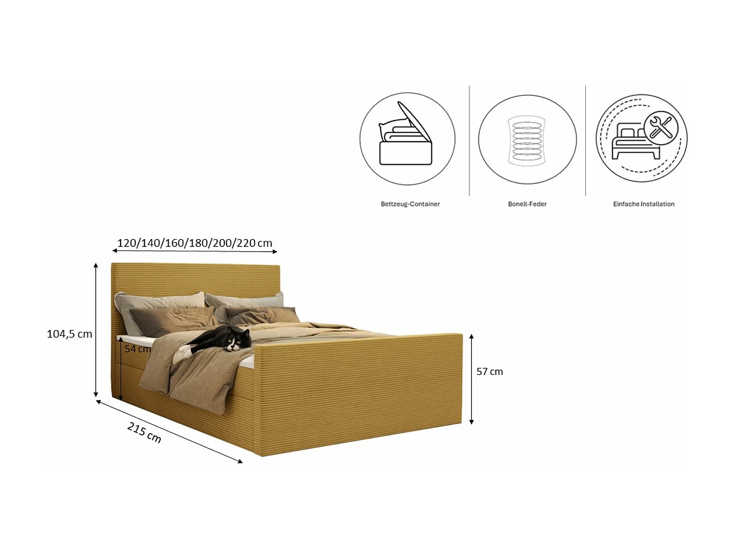 Lit boxspring avec sommier et surmatelas VIESTA tissu Poso Jaune 140x200 cm H2-Pocket