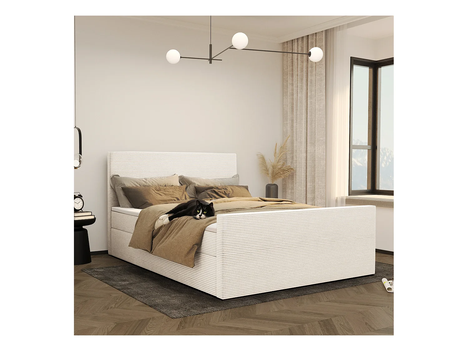 Lit boxspring avec sommier et surmatelas VIESTA tissu Poso Ecru 200x200 cm H2-Pocket