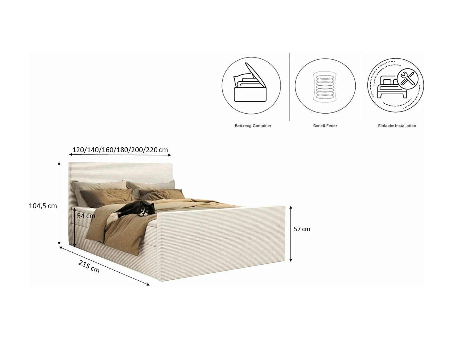 Lit boxspring avec sommier et surmatelas VIESTA tissu Poso Ecru 180x200 cm H3-Bonell