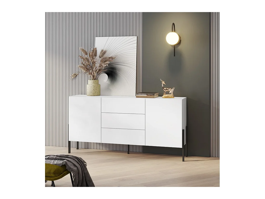 Buffet SALMA 2 portas & 3 gavetas Push-to-Open – Branco Super Matte & Preto Matte, 184×90×40 cm