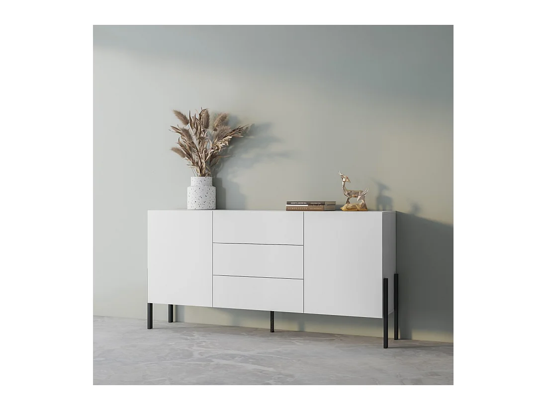 Buffet SALMA 2 portas & 3 gavetas Push-to-Open – Branco Super Matte & Preto Matte, 184×90×40 cm