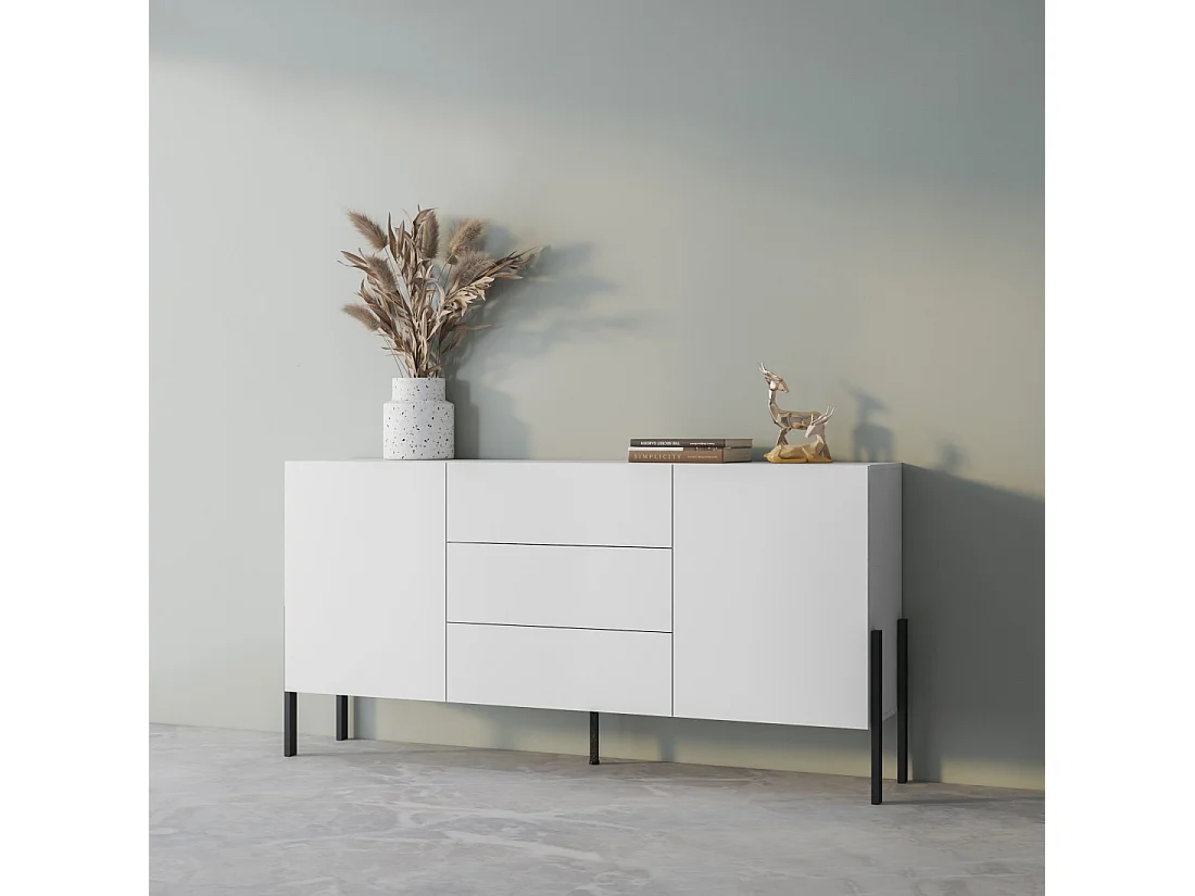 Buffet SALMA 2 portas & 3 gavetas Push-to-Open – Branco Super Matte & Preto Matte, 184×90×40 cm