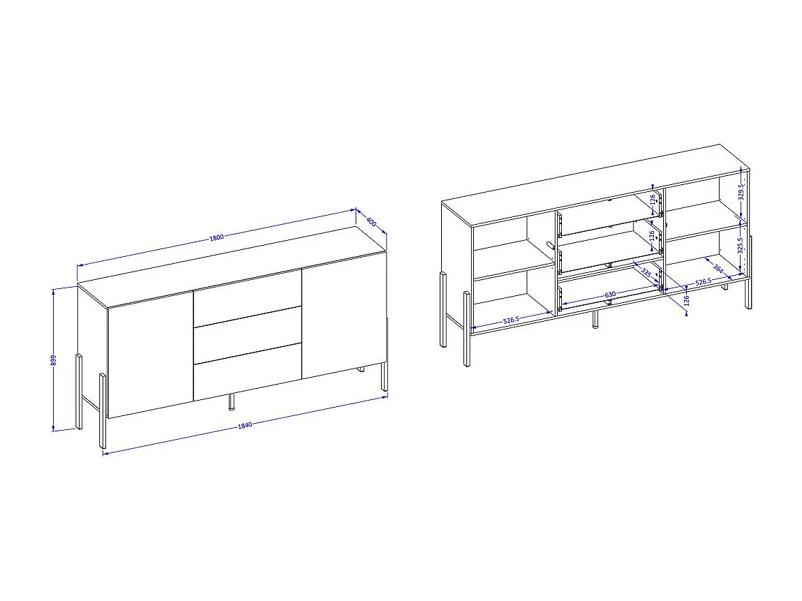 Buffet SALMA 2 portas & 3 gavetas Push-to-Open – Branco Super Matte & Preto Matte, 184×90×40 cm