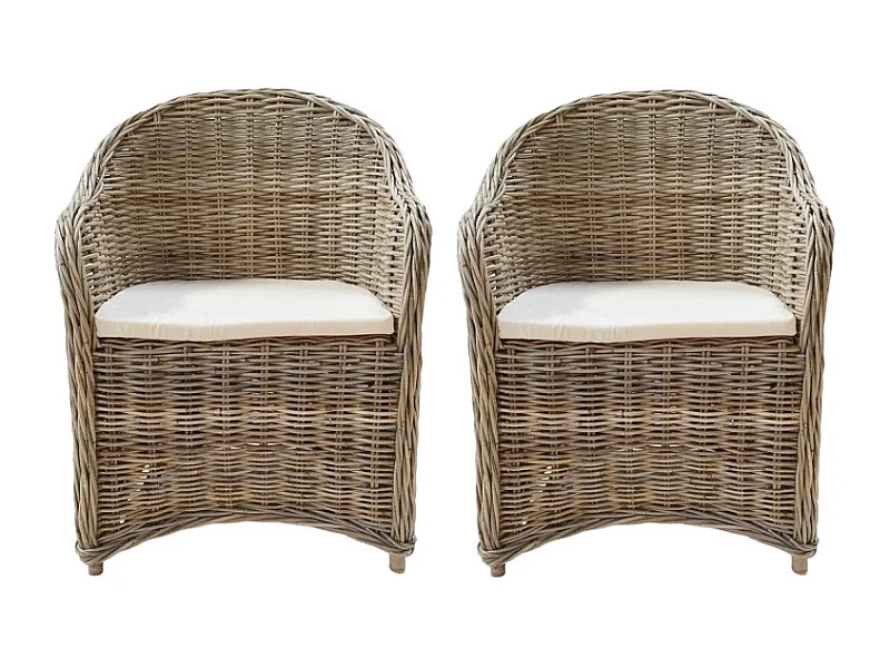 Lot de 2 fauteuils en kubu naturel tressé avec coussin blanc – MAEVA 2