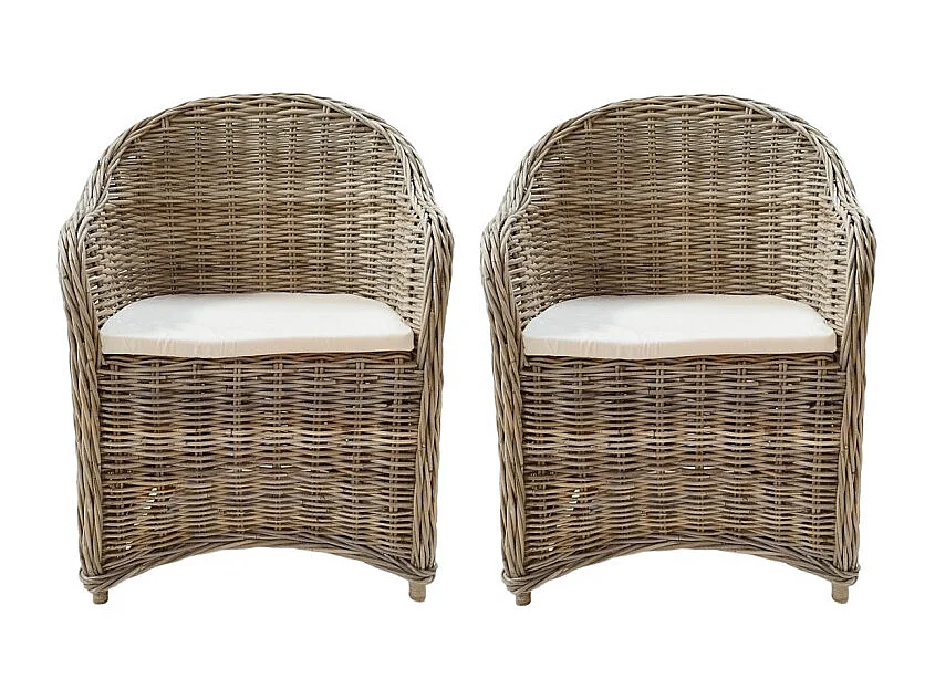 Lot de 2 fauteuils en kubu naturel tressé avec coussin blanc – MAEVA 2