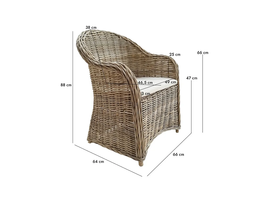 Fauteuil en kubu naturel tressé avec coussin blanc – MAEVA 2