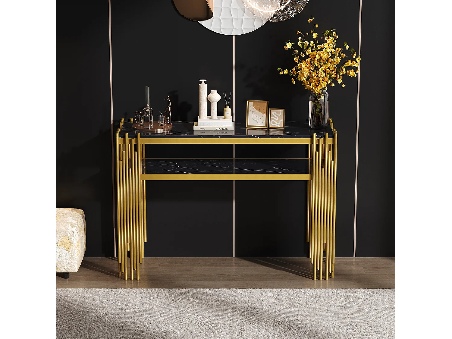 Consola contemporánea 124x44x80 cm - MDF - Negro + Oro