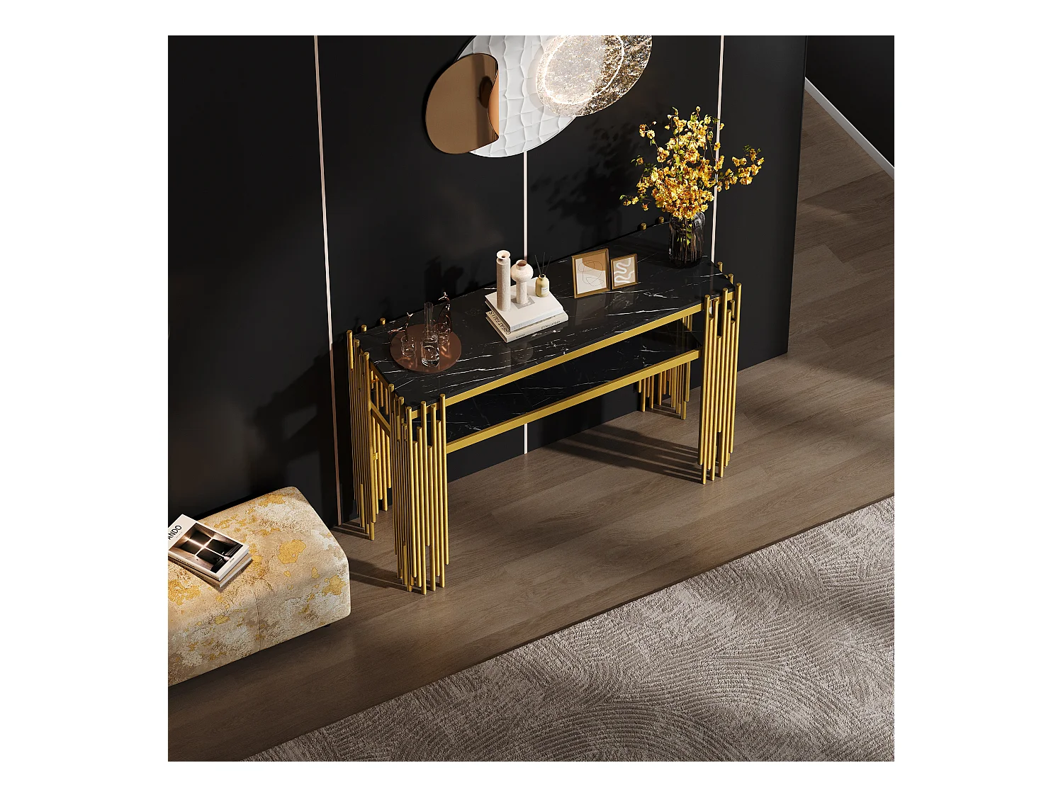 Consola contemporánea 124x44x80 cm - MDF - Negro + Oro