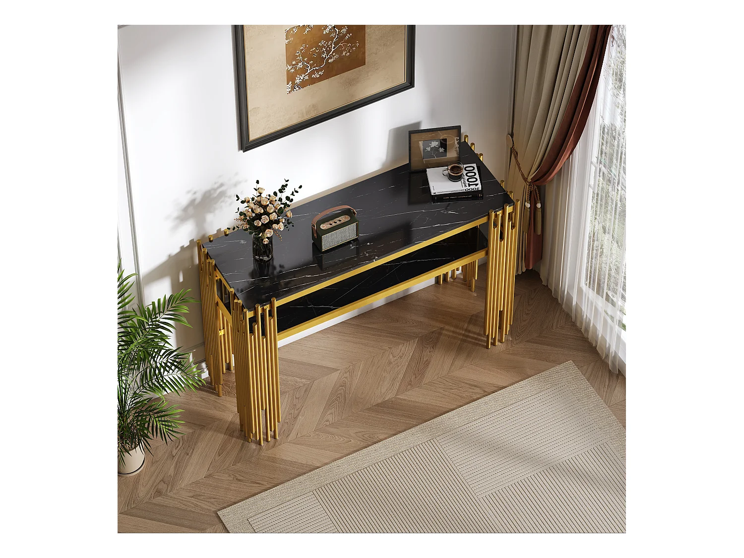 Consola contemporánea 124x44x80 cm - MDF - Negro + Oro