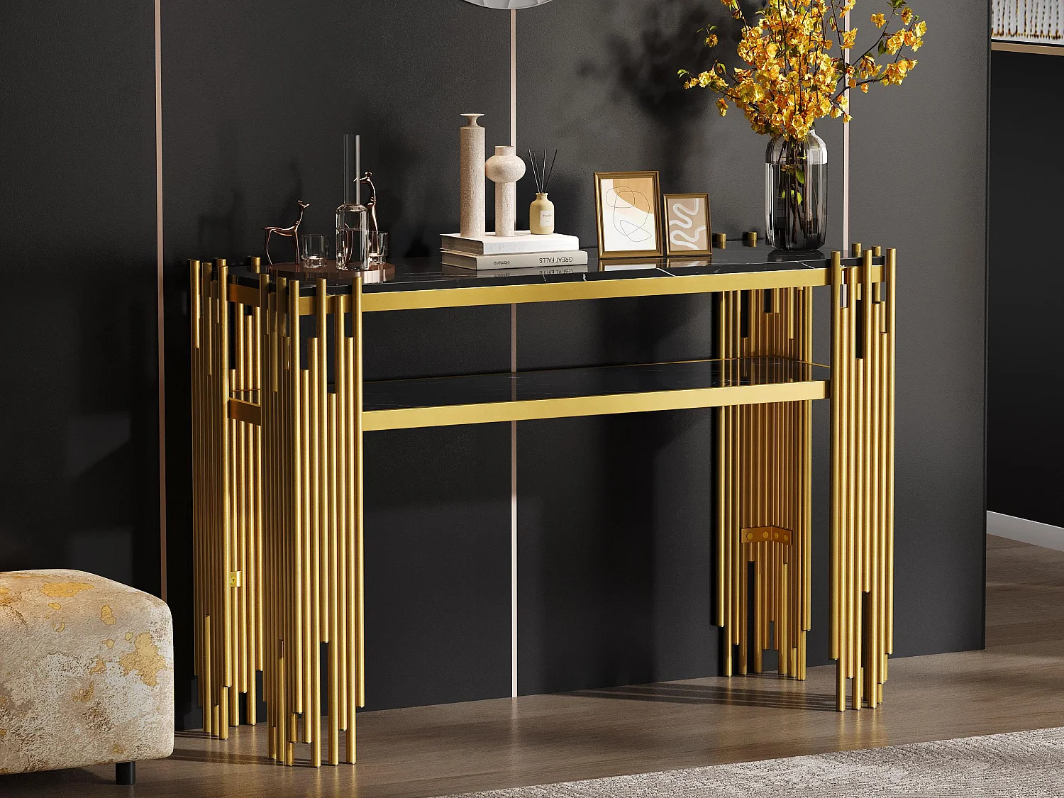 Table console contemporaine 124x44x80cm - MDF - Noir+ Or