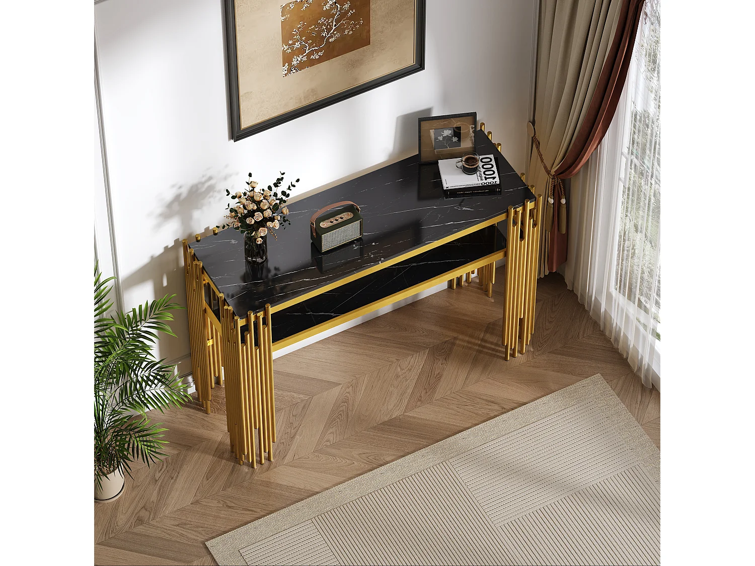 Table console contemporaine 124x44x80cm - MDF - Noir+ Or