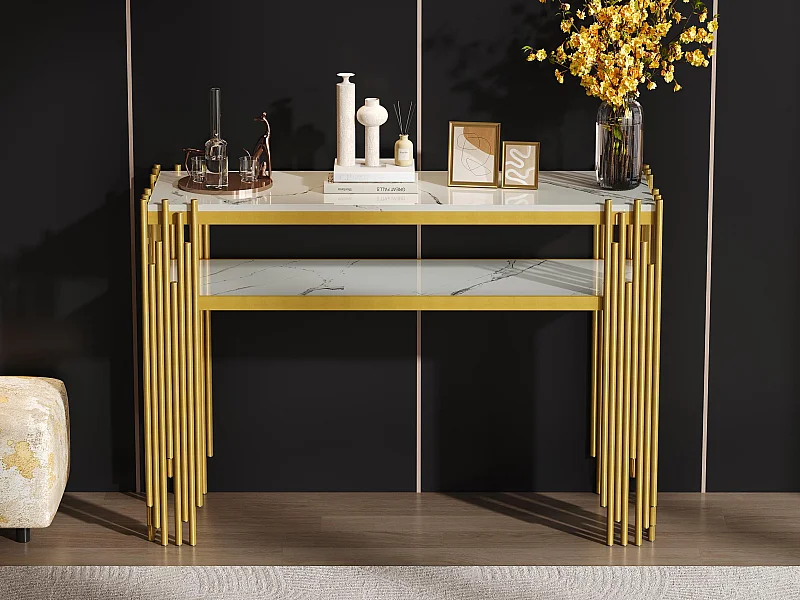 Table console contemporaine 124x44x80cm - MDF - Blanc + Or