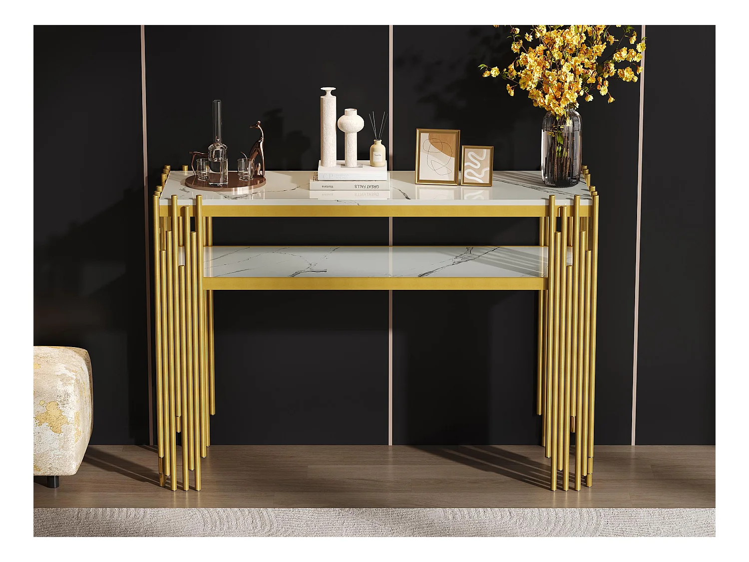 Consola contemporánea 124x44x80 cm - MDF - Blanco + Oro