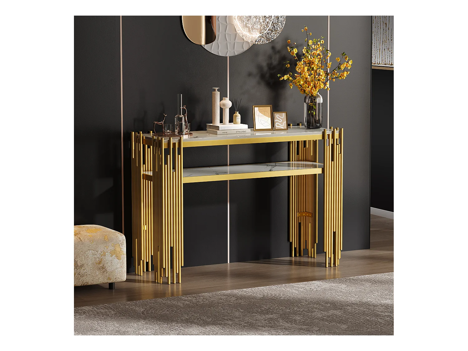 Consola contemporánea 124x44x80 cm - MDF - Blanco + Oro