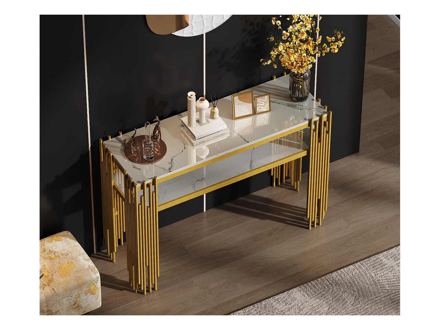 Consola contemporánea 124x44x80 cm - MDF - Blanco + Oro