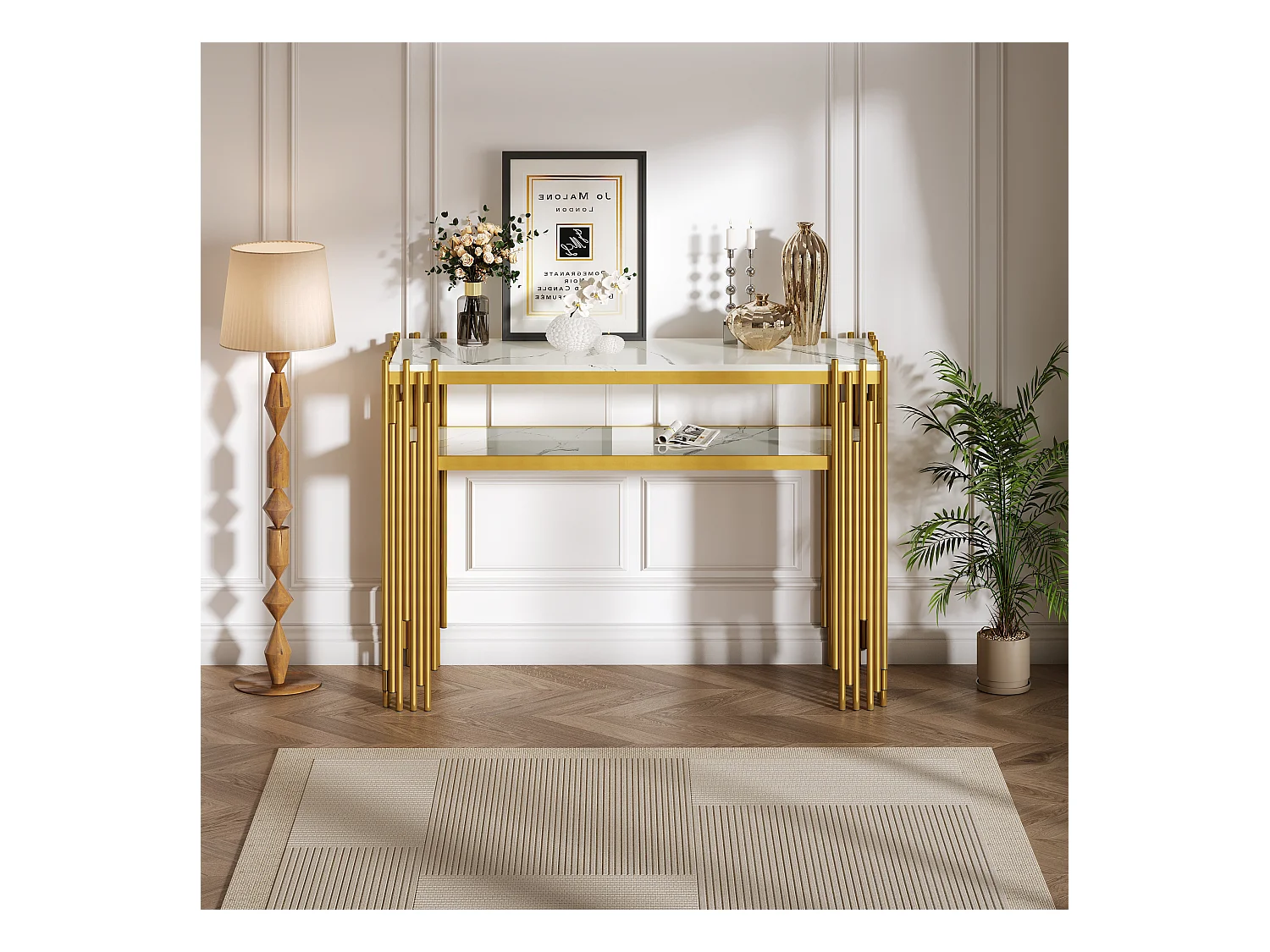 Consola contemporánea 124x44x80 cm - MDF - Blanco + Oro