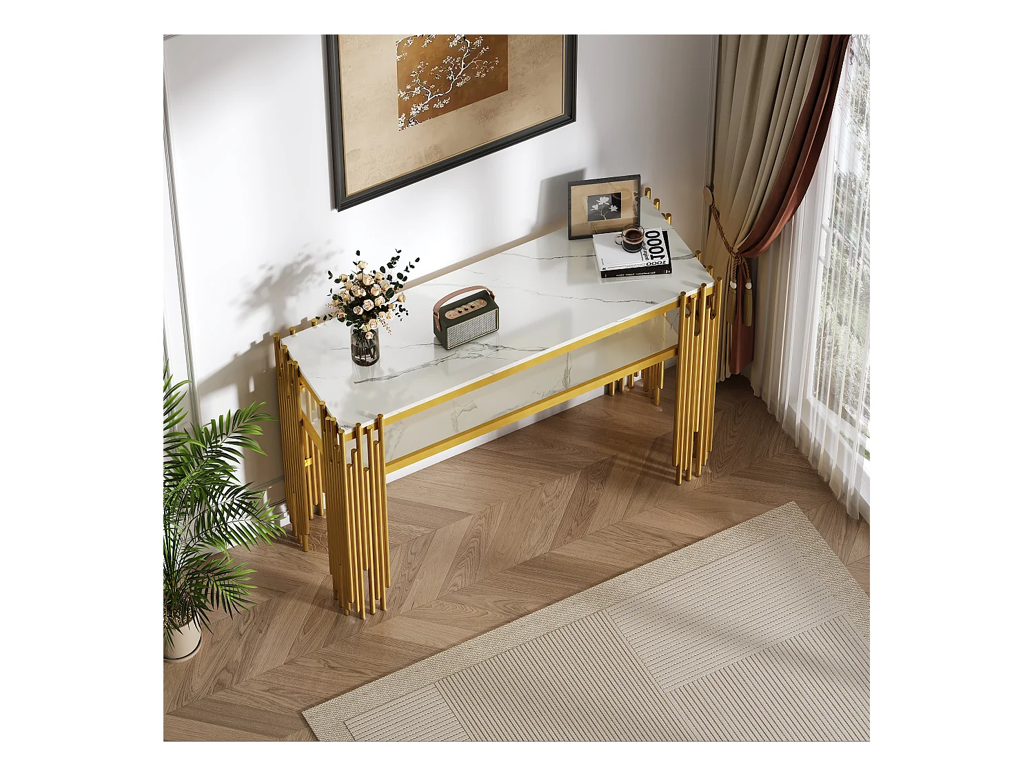 Consola contemporánea 124x44x80 cm - MDF - Blanco + Oro