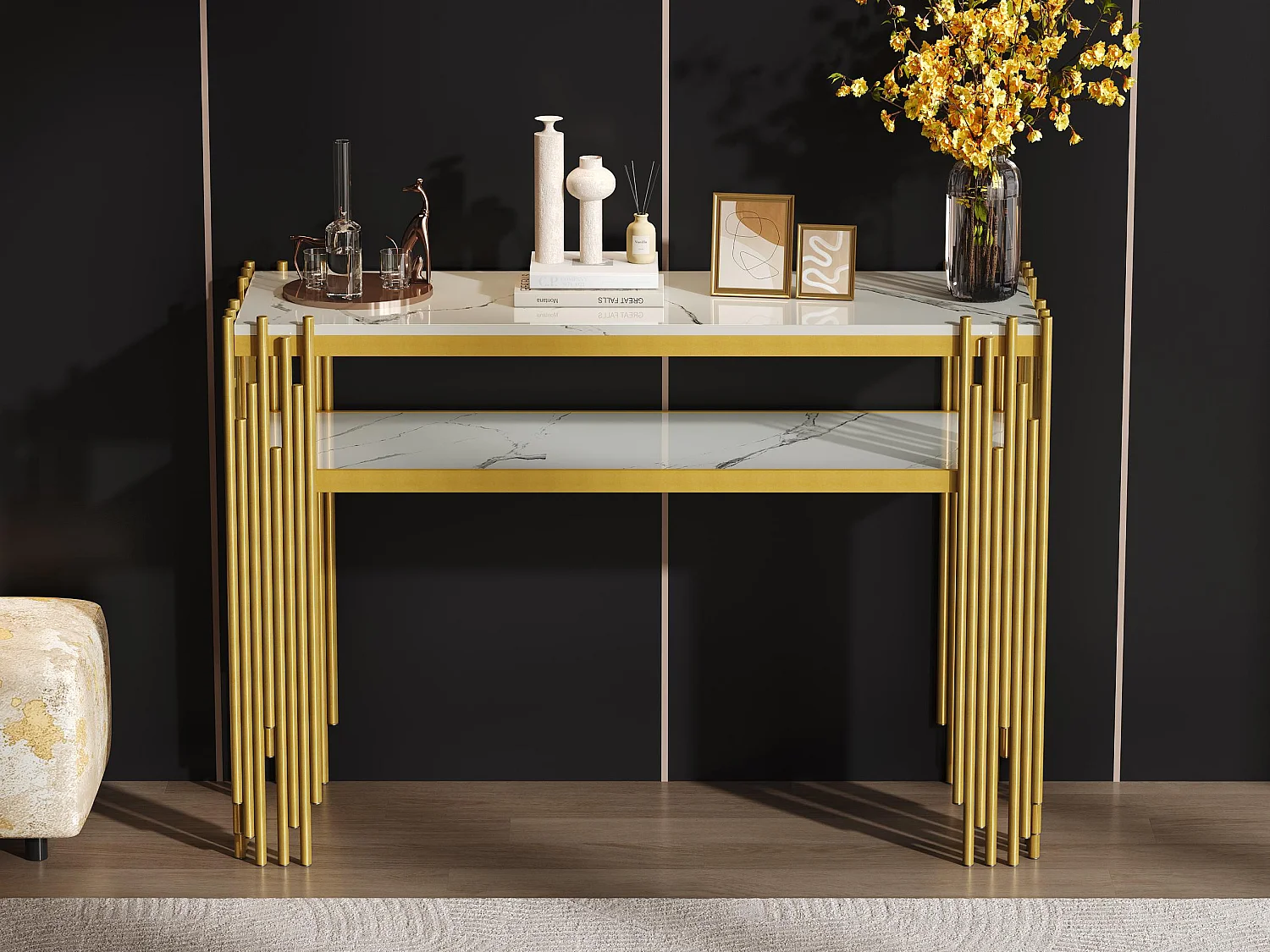 Table console contemporaine 124x44x80cm - MDF - Blanc + Or