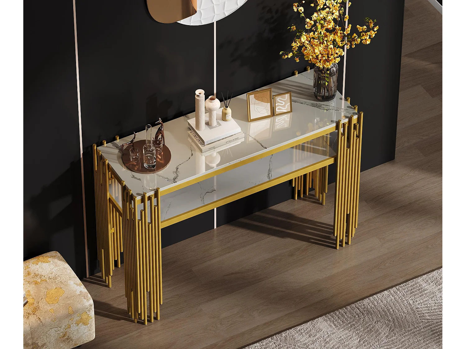 Table console contemporaine 124x44x80cm - MDF - Blanc + Or