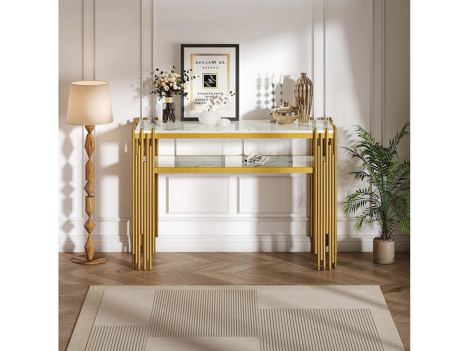 Table console contemporaine 124x44x80cm - MDF - Blanc + Or